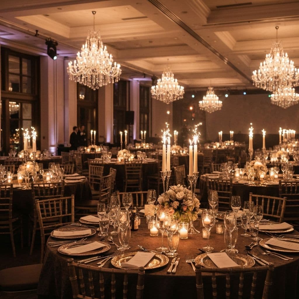 Elegant corporate gala dinner with beautiful decorations