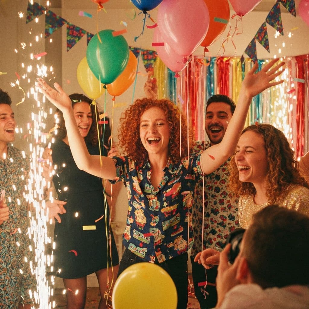 Vibrant birthday celebration with balloons and confetti