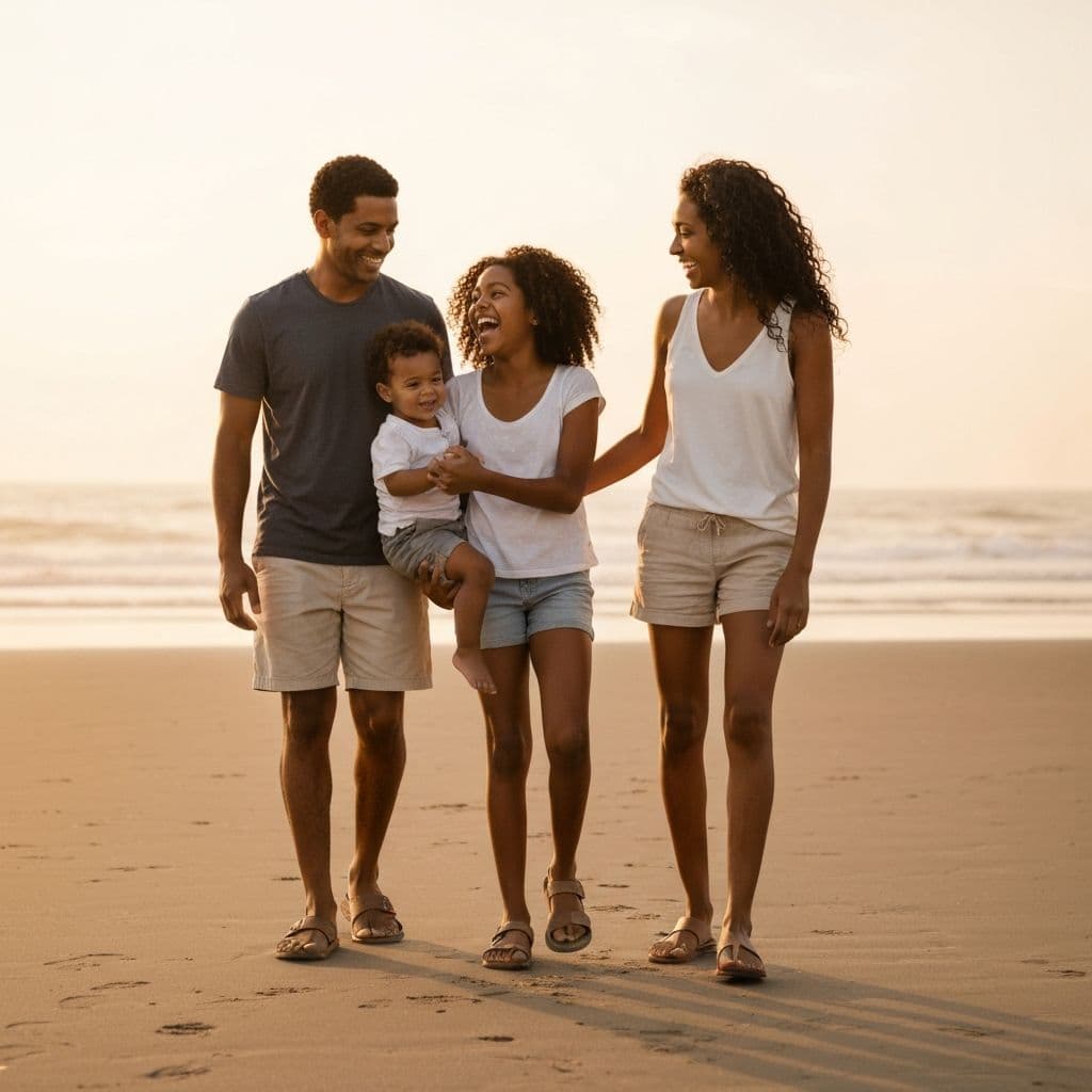 Happy family walking together on a beach at sunset