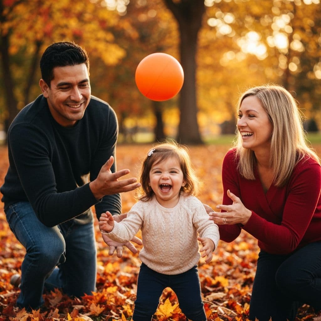 Parents playing with their child among autumn leaves