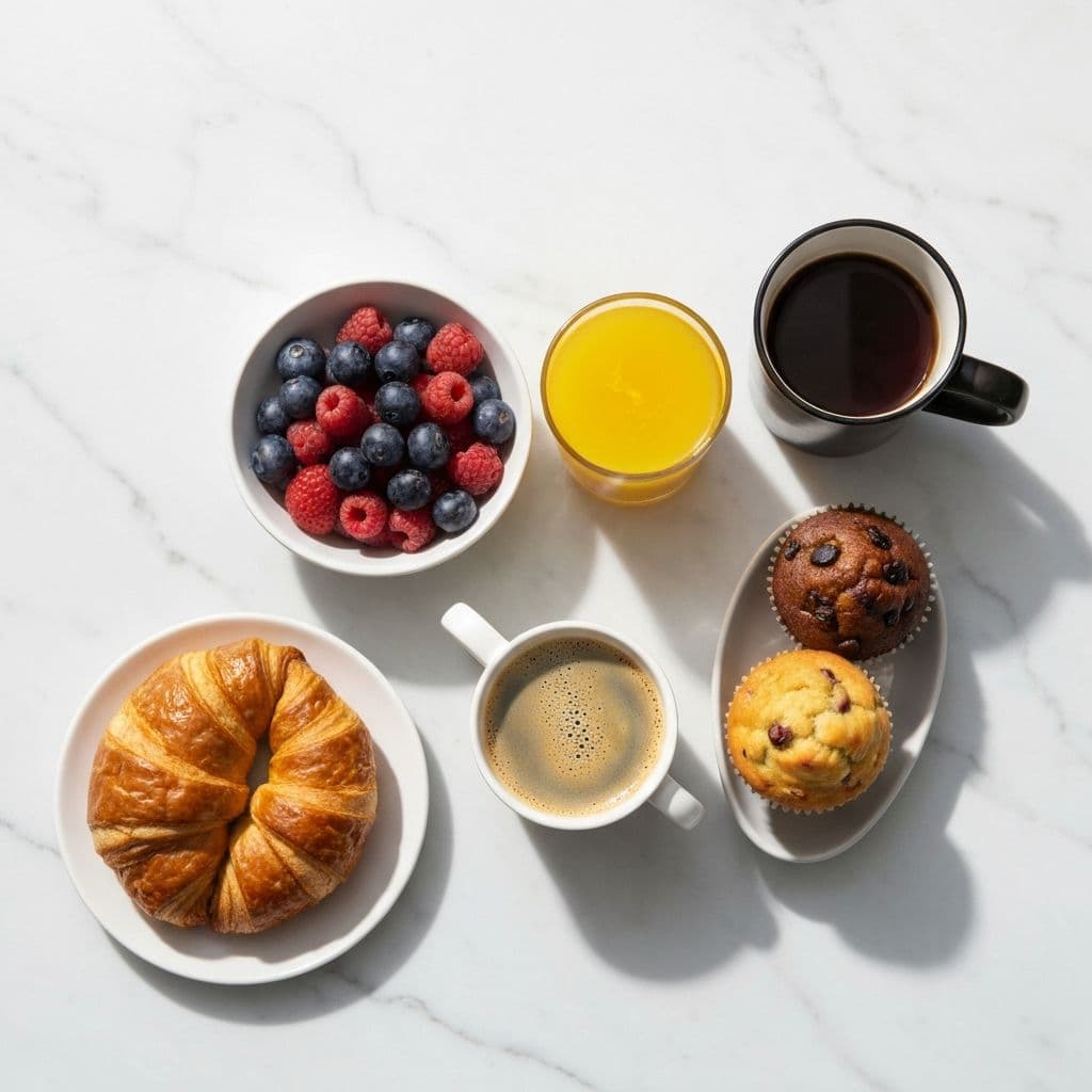 Overhead flat lay breakfast spread with pastries and coffee