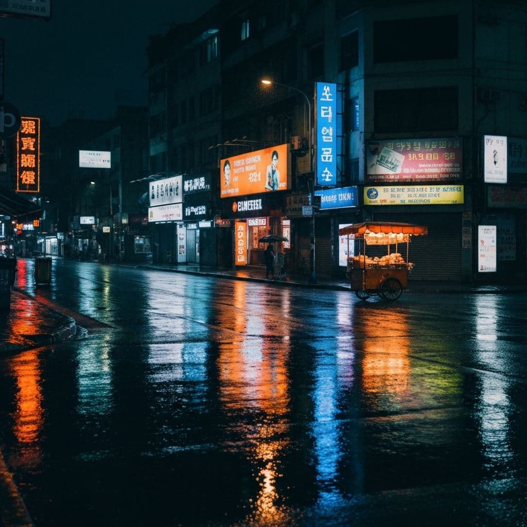 Moody street photography with neon reflections