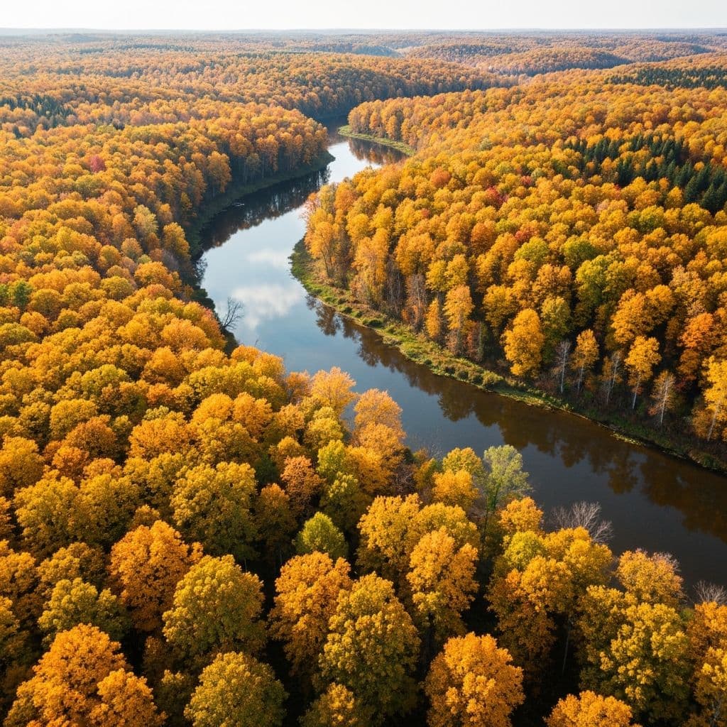 Aerial landscape of autumn forest with winding river