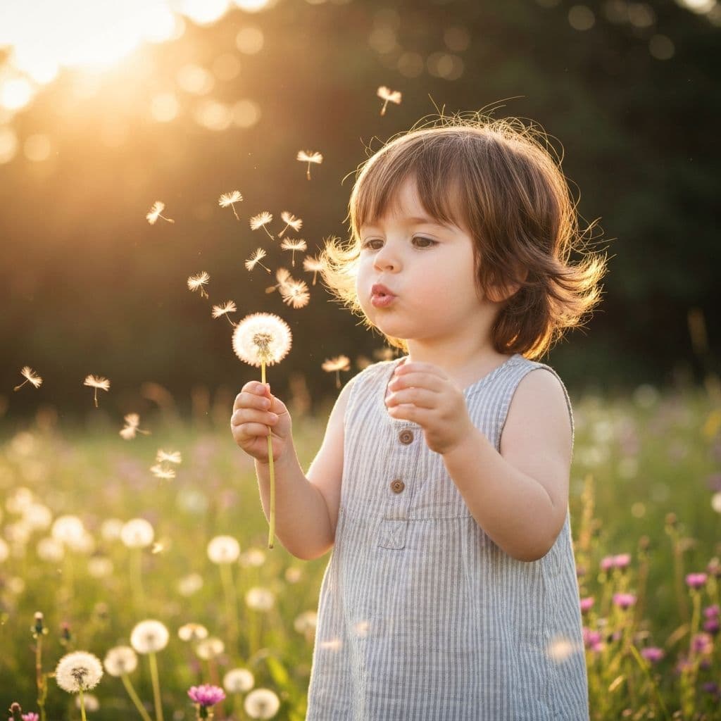 Child blowing dandelion seeds in a sunny field