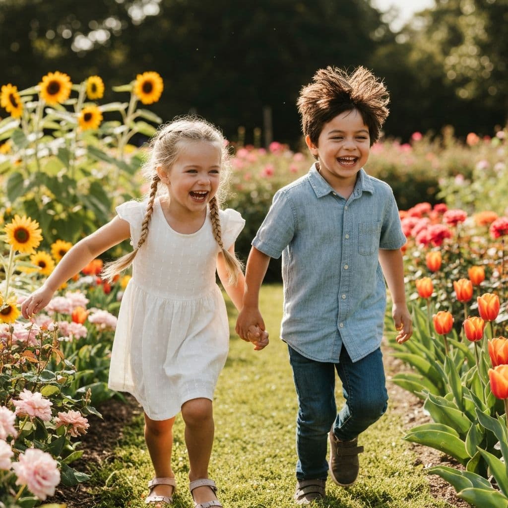 Children laughing and running through a flower garden