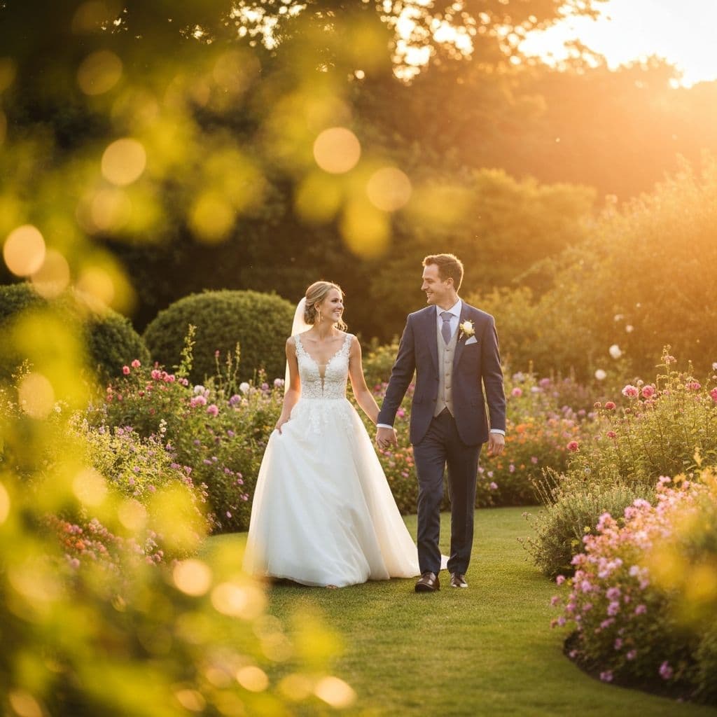 Bride and groom walking hand in hand at golden hour