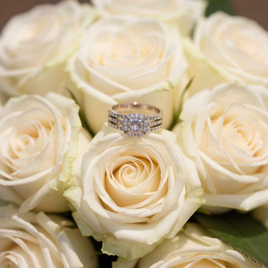 Wedding rings resting on a bouquet of white roses