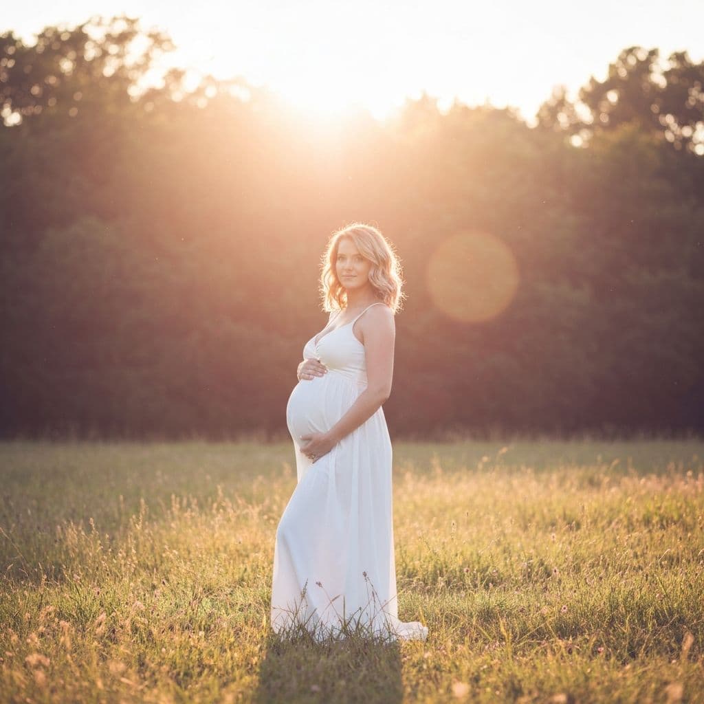 Expecting mother in flowing dress in a sunlit meadow