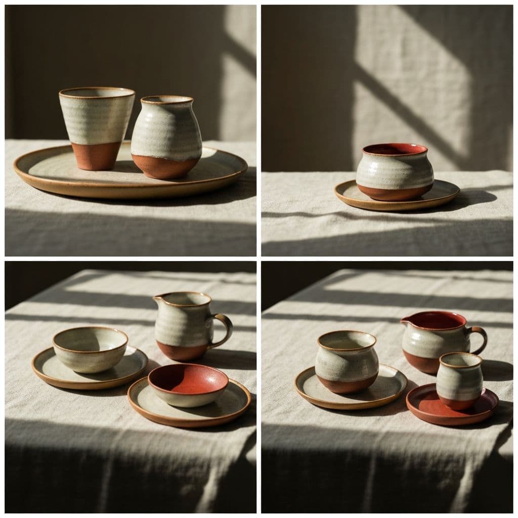 Artisan ceramic pottery collection on linen background